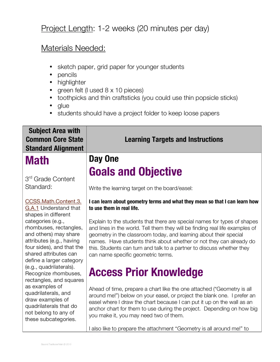 Project materials and timeline introduce Day One, which connects geometry terms to real-life examples