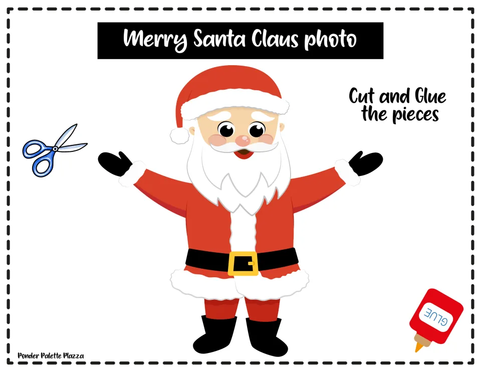 Santa craft assembly example showing the completed figure with the instruction, 'Cut and Glue the pieces'