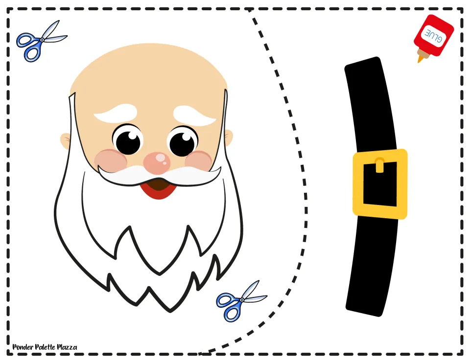 Santa craft head and belt templates: a face with a white beard and a black belt with a yellow buckle
