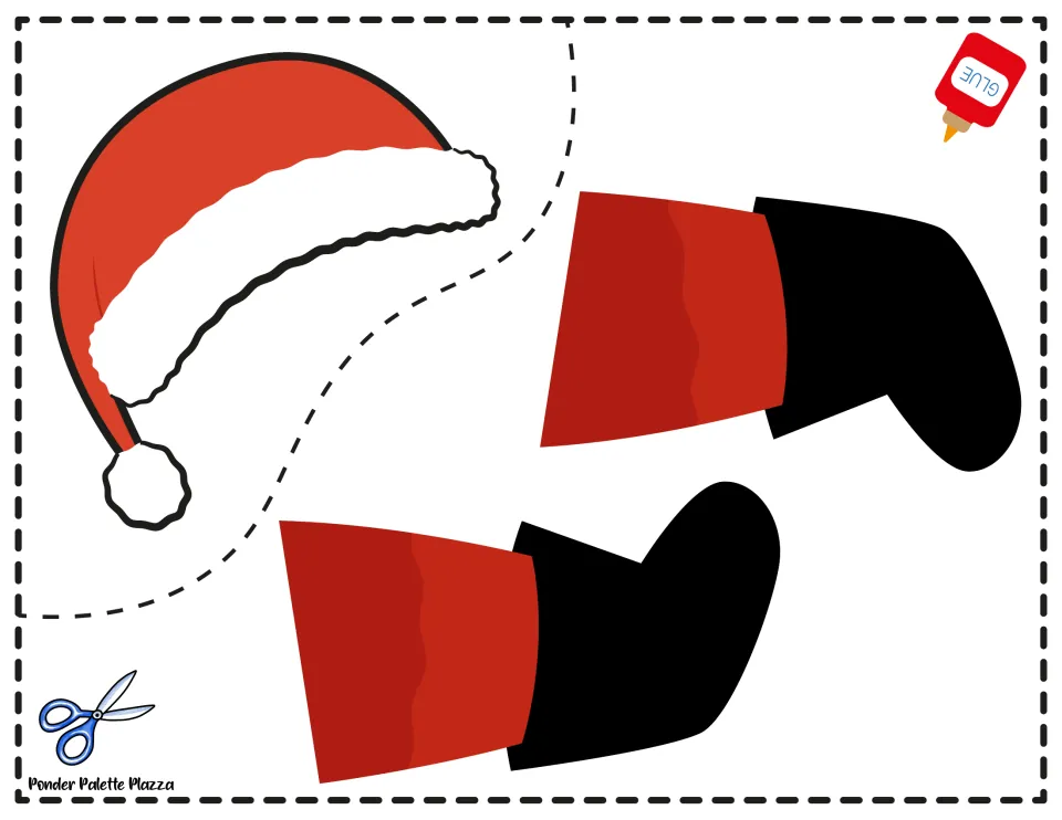 Santa craft hat and leg templates: a red hat with white trim and two red pant legs with black boots