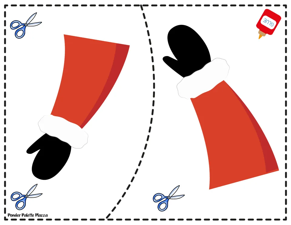 Santa craft arm templates: two red sleeves with white cuffs and black mittens to cut out and attach