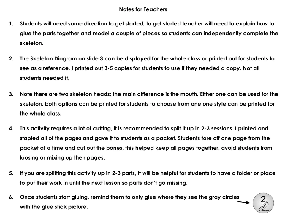 Teacher notes cover modeling assembly, using diagrams, choosing heads, pacing cutting, and gluing gray circles.