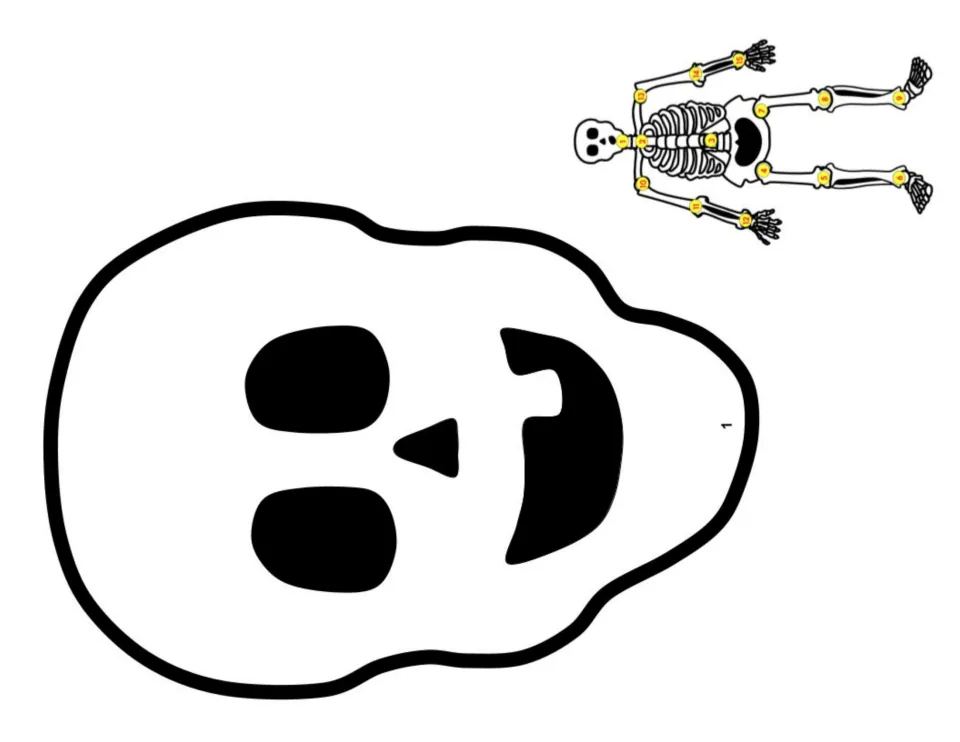 Skeleton head cutout option has a smiling mouth and connection number 1, plus a small assembly reference.