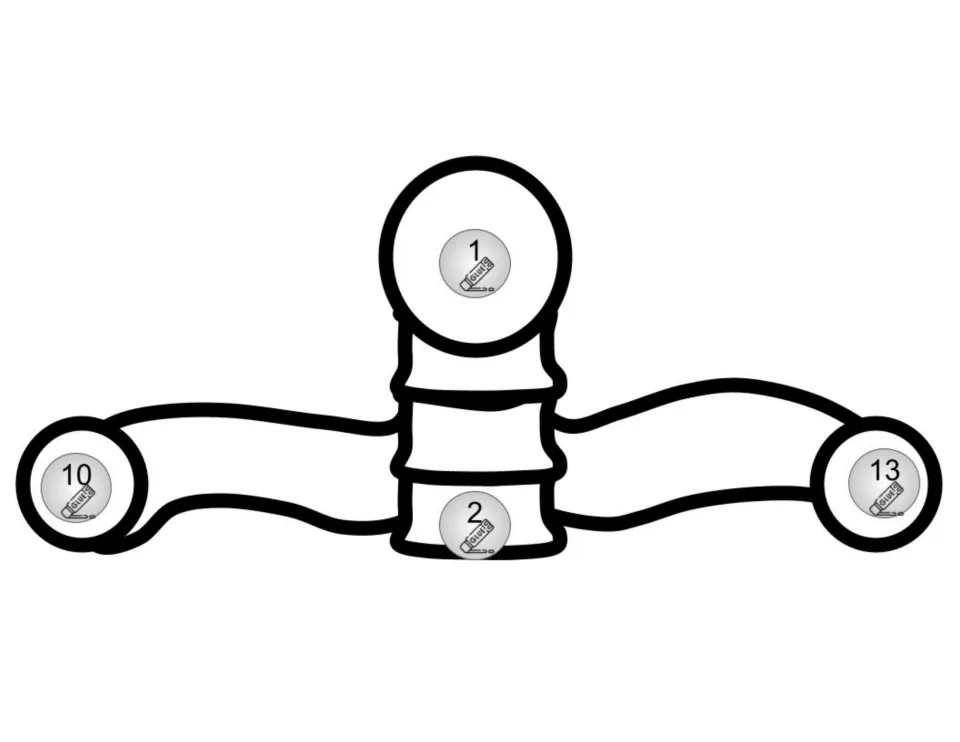 Skeleton neck and shoulder cutout has gray glue circles numbered 1, 2, 10, and 13 to connect craft pieces.