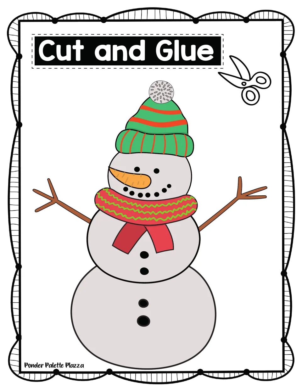 Cut and Glue snowman craft: finished snowman in a striped green hat, red scarf, carrot nose and stick arms as the model
