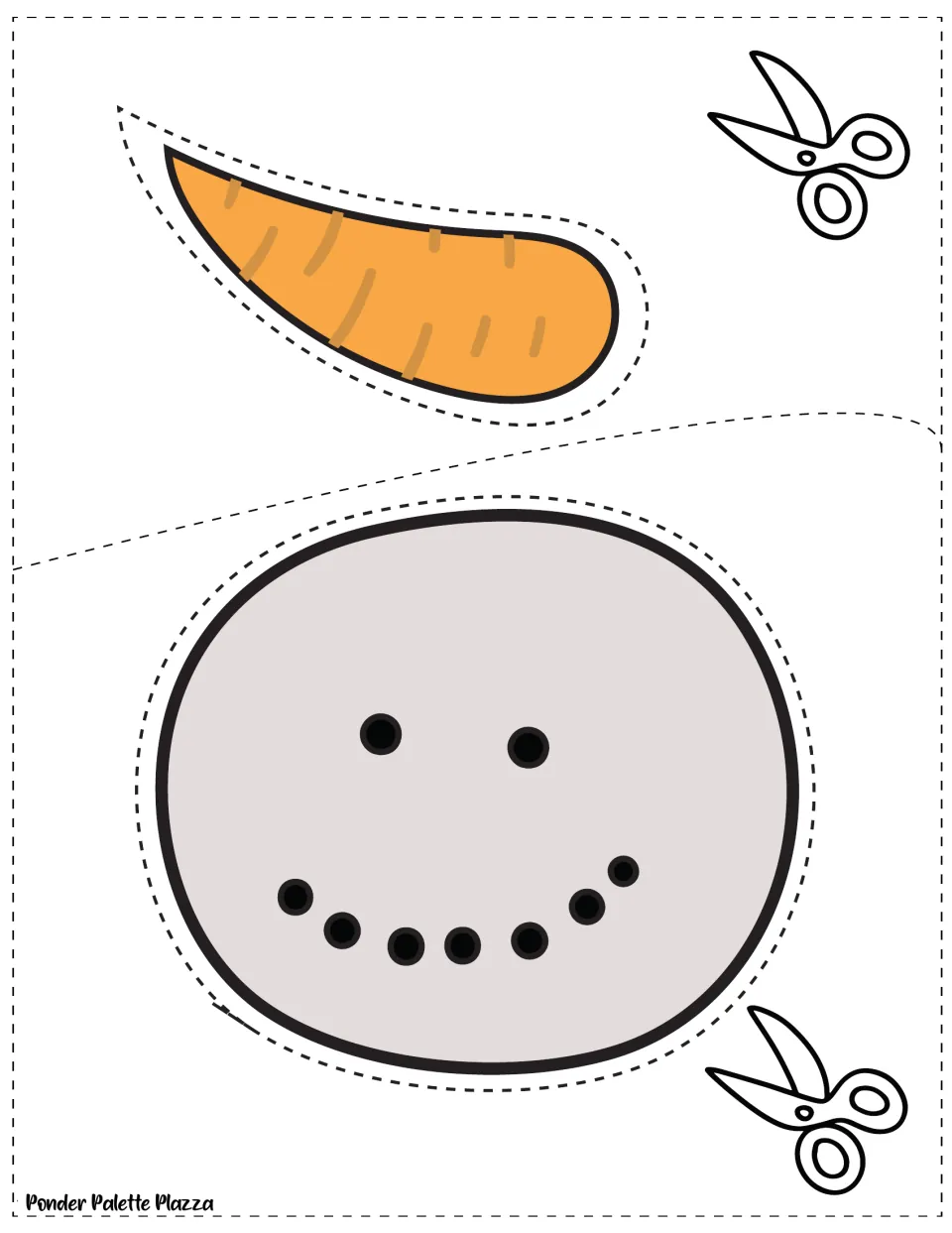 Snowman head and carrot nose cut-out pieces: students cut around the round smiling face and the orange carrot shape