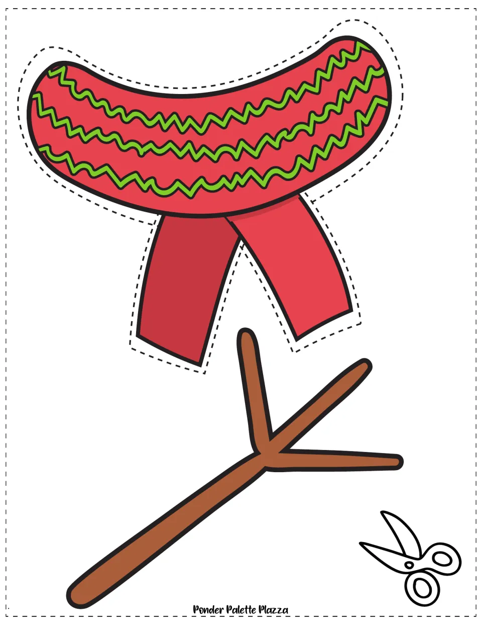 Red scarf with green zigzag stripes and one brown twig arm: students cut out both pieces to dress the snowman