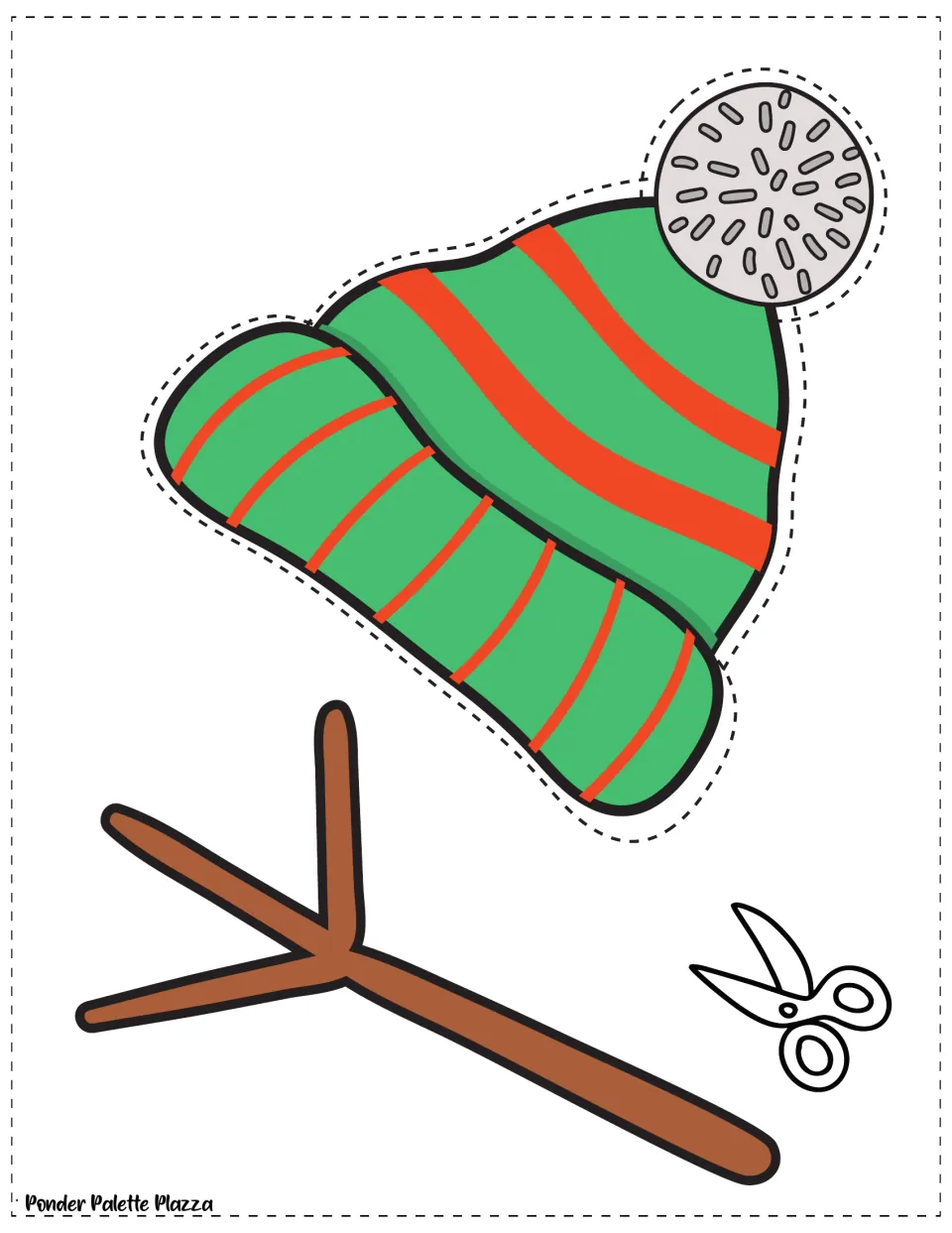 Green knit hat with red stripes and gray pom-pom plus a second twig arm for students to cut out and glue on top