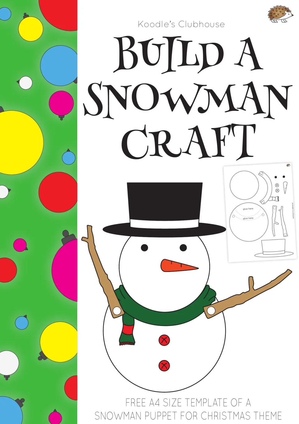 Cover of the snowman puppet craft, showing the assembled snowman and a miniature of the cutout template.