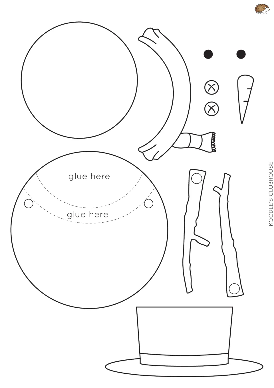 Snowman puppet cutout template: head, body, scarf, hat, eyes, buttons, carrot nose, and two movable arms.