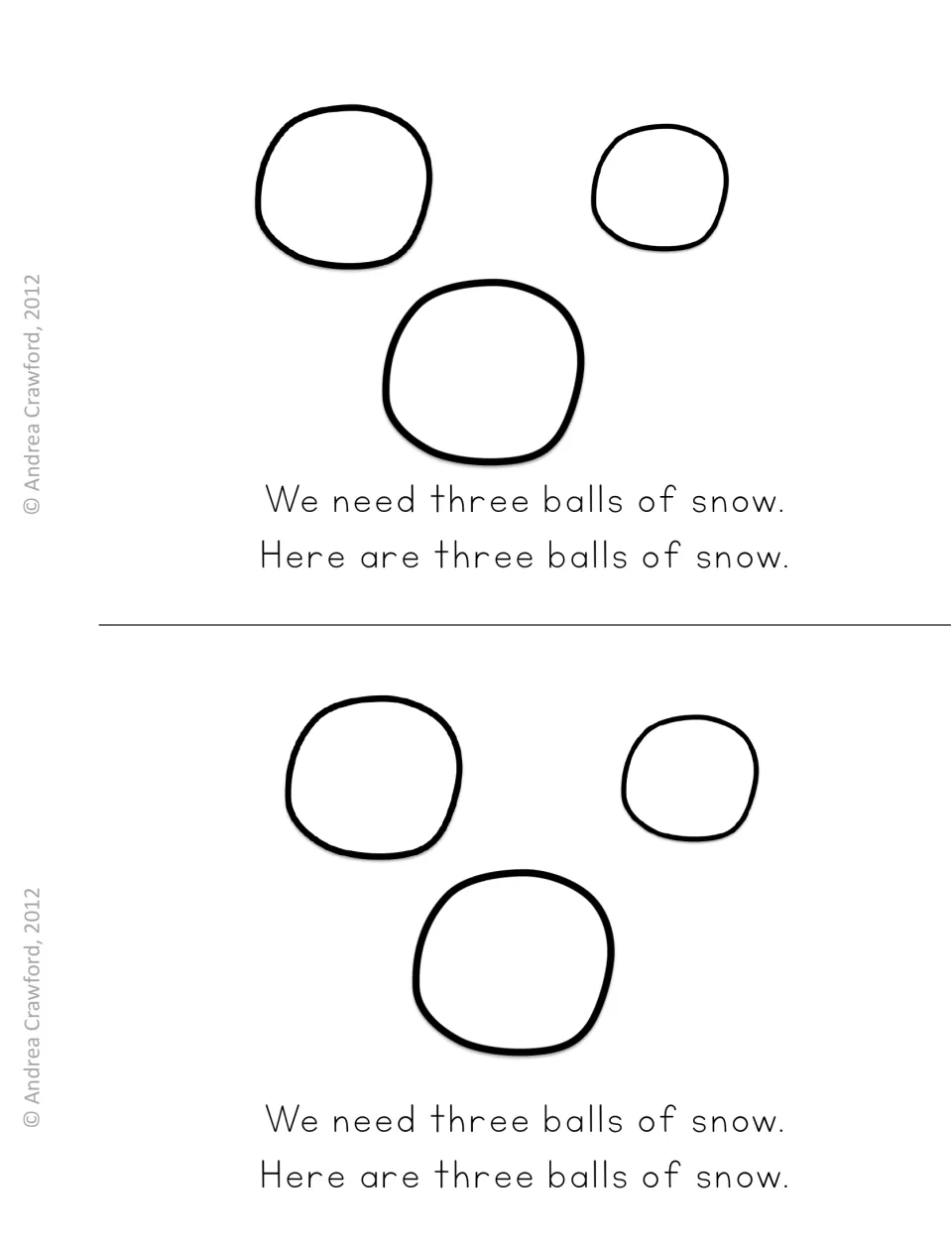 Reader page on snowballs: students read 'We need three balls of snow. Here are three balls of snow.' under three circles
