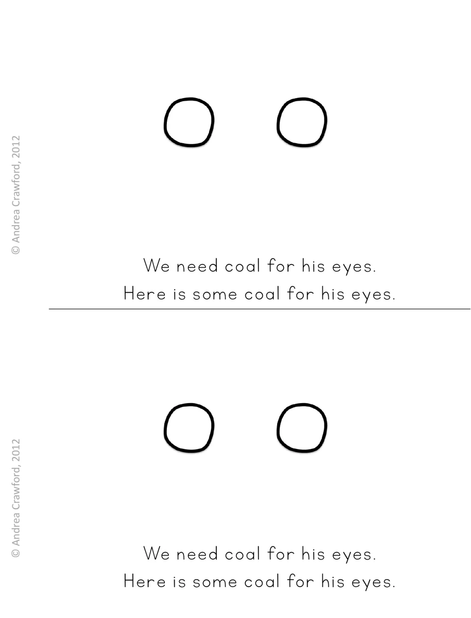 Reader page on the eyes: students read 'We need coal for his eyes. Here is some coal for his eyes.' with two coal circles