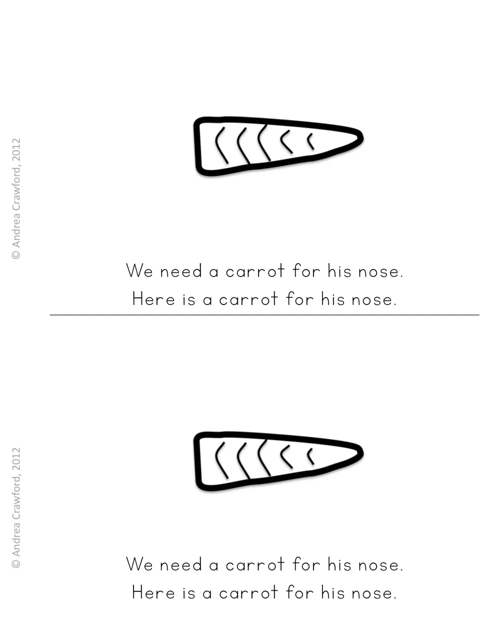 Reader page on the nose: students read 'We need a carrot for his nose. Here is a carrot for his nose.' with a carrot