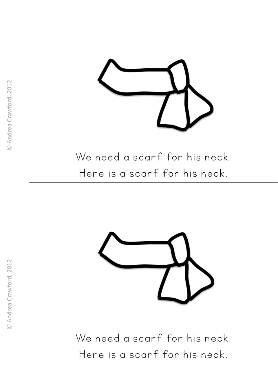Reader page on the scarf: students read 'We need a scarf for his neck. Here is a scarf for his neck.' with a tied scarf