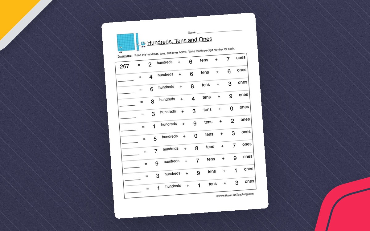 Build a Three Digit Number Worksheet preview: A one-page hundreds, tens, and ones practice sheet