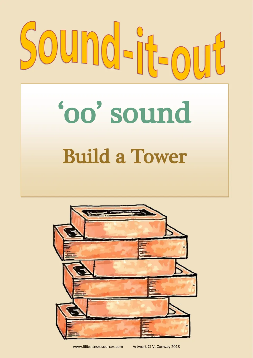 Cover of the OO phonics tower game, labeled Sound-it-out, 'oo' sound, and Build a Tower for reading practice