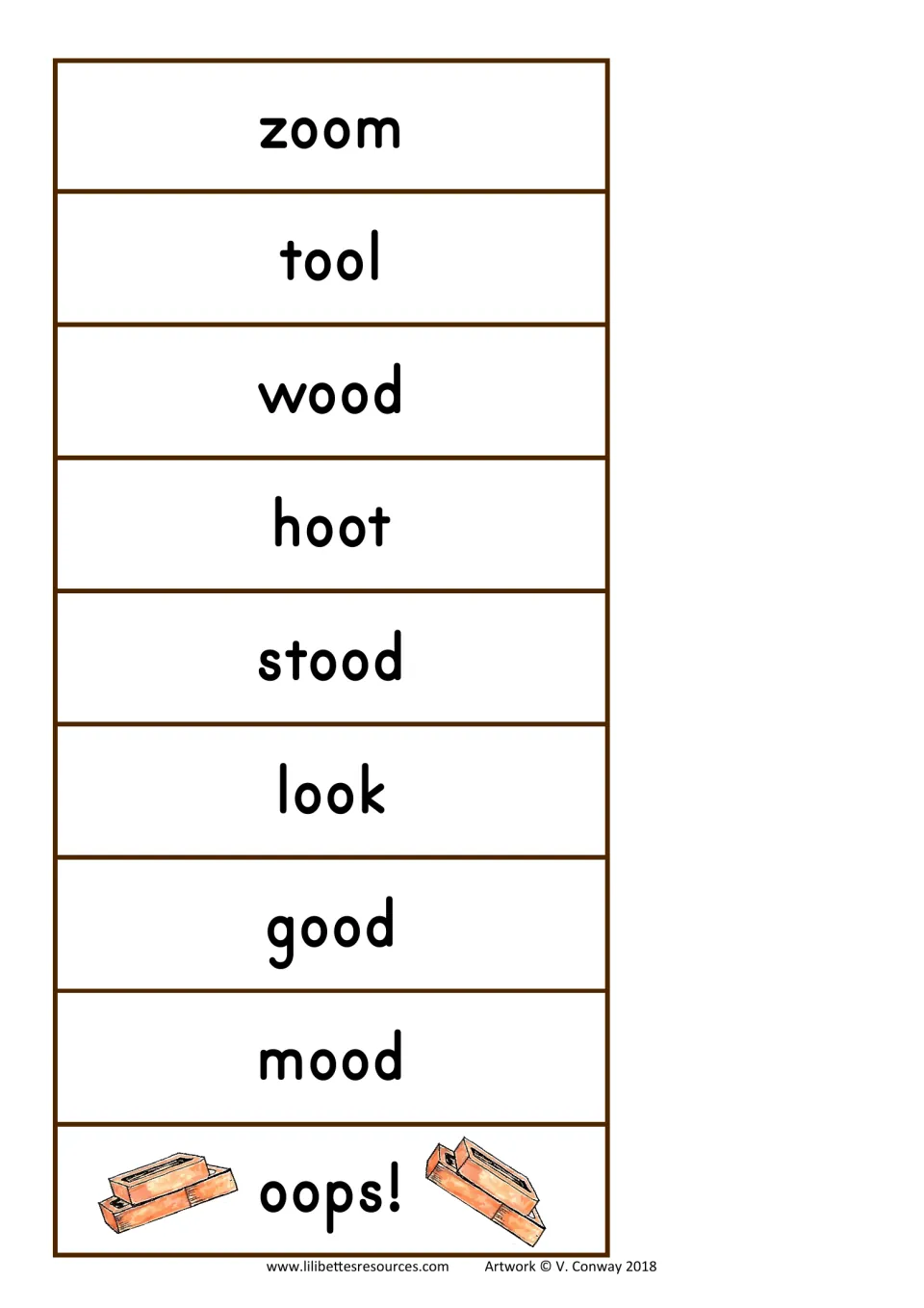 OO tower game cards 1–8: zoom, tool, wood, hoot, stood, look, good, and mood, plus an oops card to clear the tower