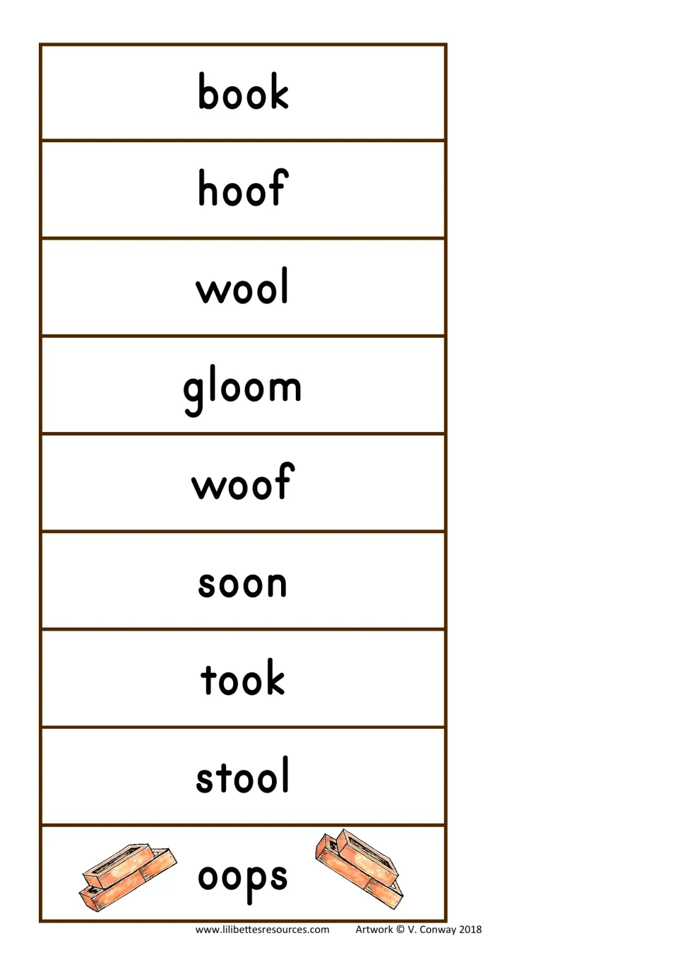 OO tower game cards 9–16: book, hoof, wool, gloom, woof, soon, took, and stool, plus an oops card to clear the tower