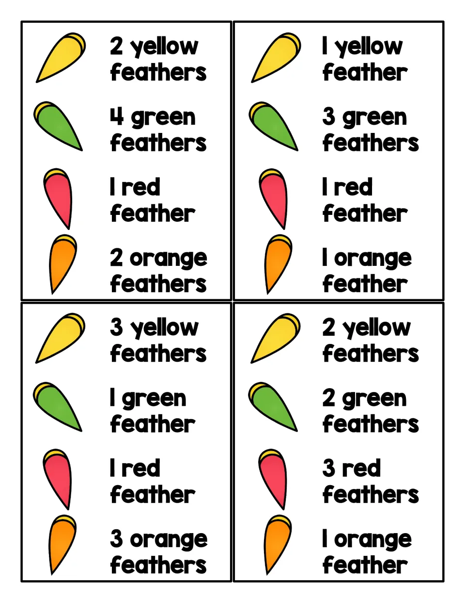 Feather counting cards: 4 cards listing 1 to 4 yellow, green, red and orange feathers for students to add to the turkey
