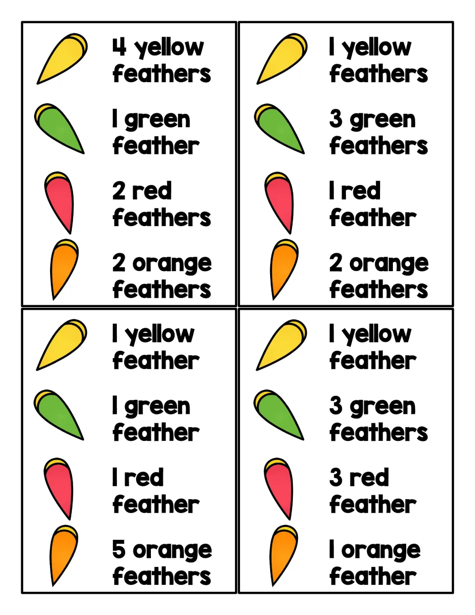 More feather counting cards: 4 cards with 1 to 5 feathers per color, including 5 orange, for matching amounts on a turkey
