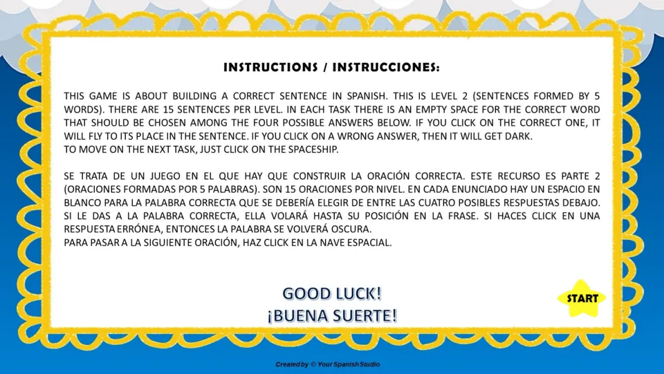 Spanish sentence game instructions in English and Spanish explain 15 tasks, answer feedback, and navigation.