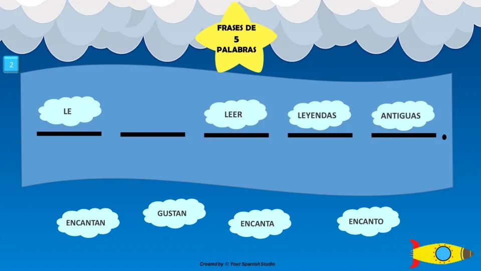 Spanish sentence task 2: complete 'Le ___ leer leyendas antiguas' using encantan, gustan, encanta, or encanto.