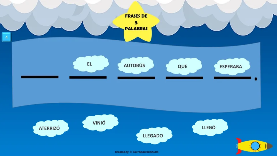 Spanish sentence task 4: complete '___ el autobús que esperaba' using aterrizó, vinió, llegado, or llegó.