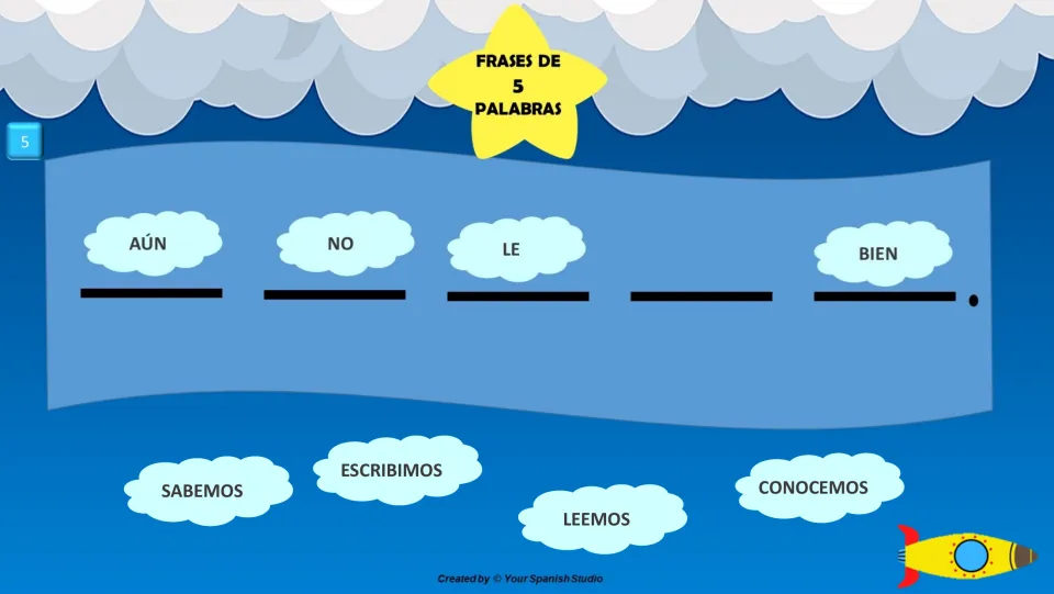 Spanish sentence task 5: complete 'Aún no le ___ bien' using sabemos, escribimos, leemos, or conocemos.