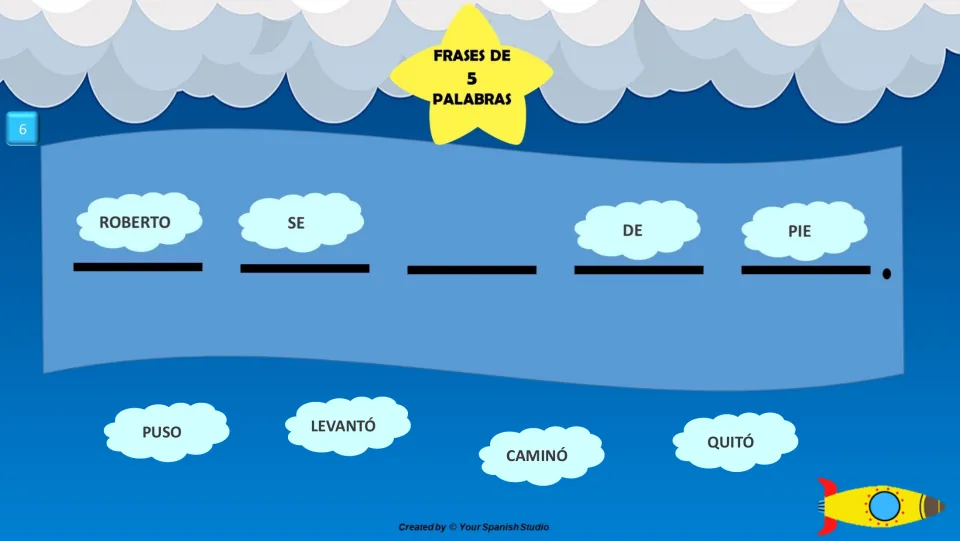 Spanish sentence task 6: complete 'Roberto se ___ de pie' using puso, levantó, caminó, or quitó.