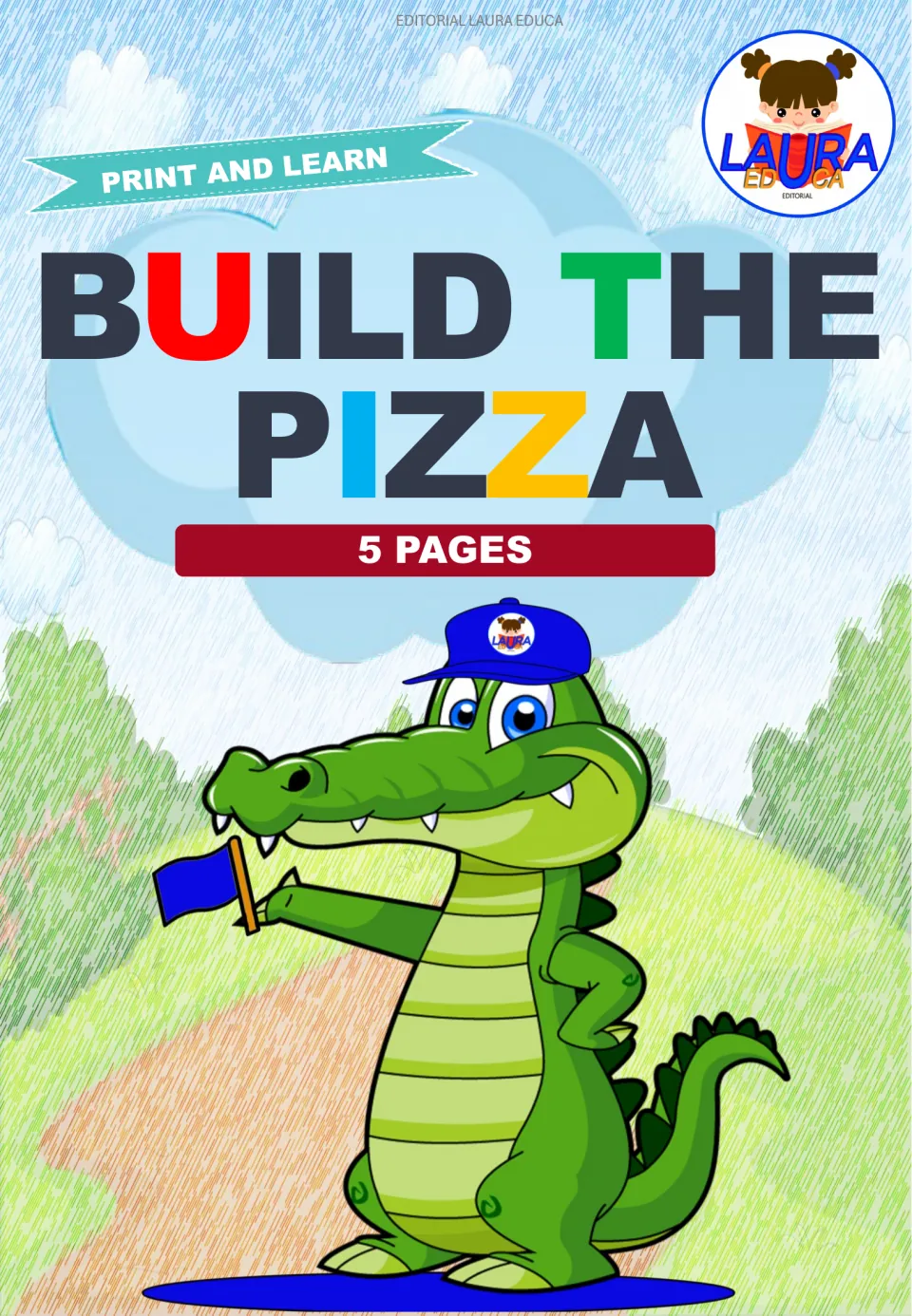 Cover of Build the Pizza, a printable packet labeled '5 pages' with counting and food vocabulary activities.