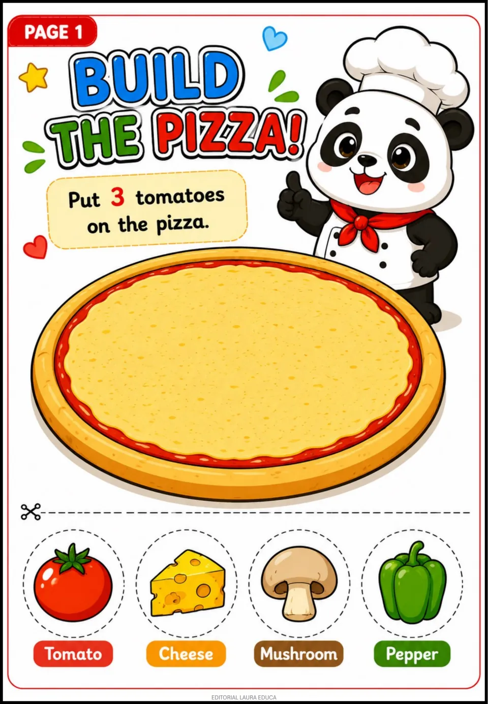 Pizza activity 1: put 3 tomatoes on the pizza, with tomato, cheese, mushroom, and pepper cutouts.
