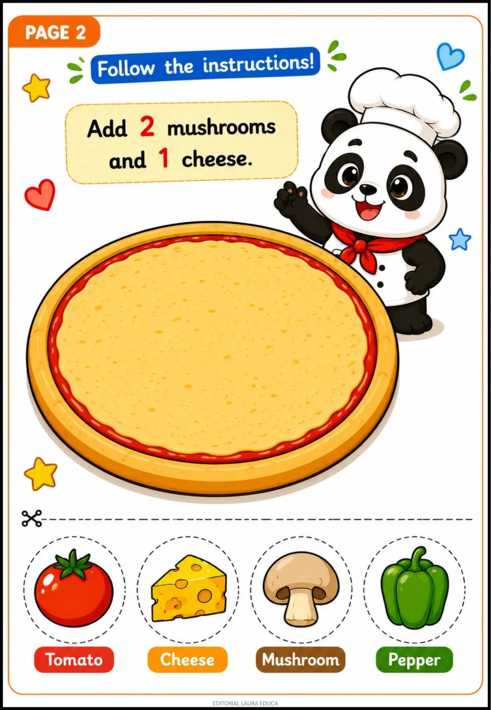 Pizza activity 2: add 2 mushrooms and 1 cheese, with tomato, cheese, mushroom, and pepper cutouts.