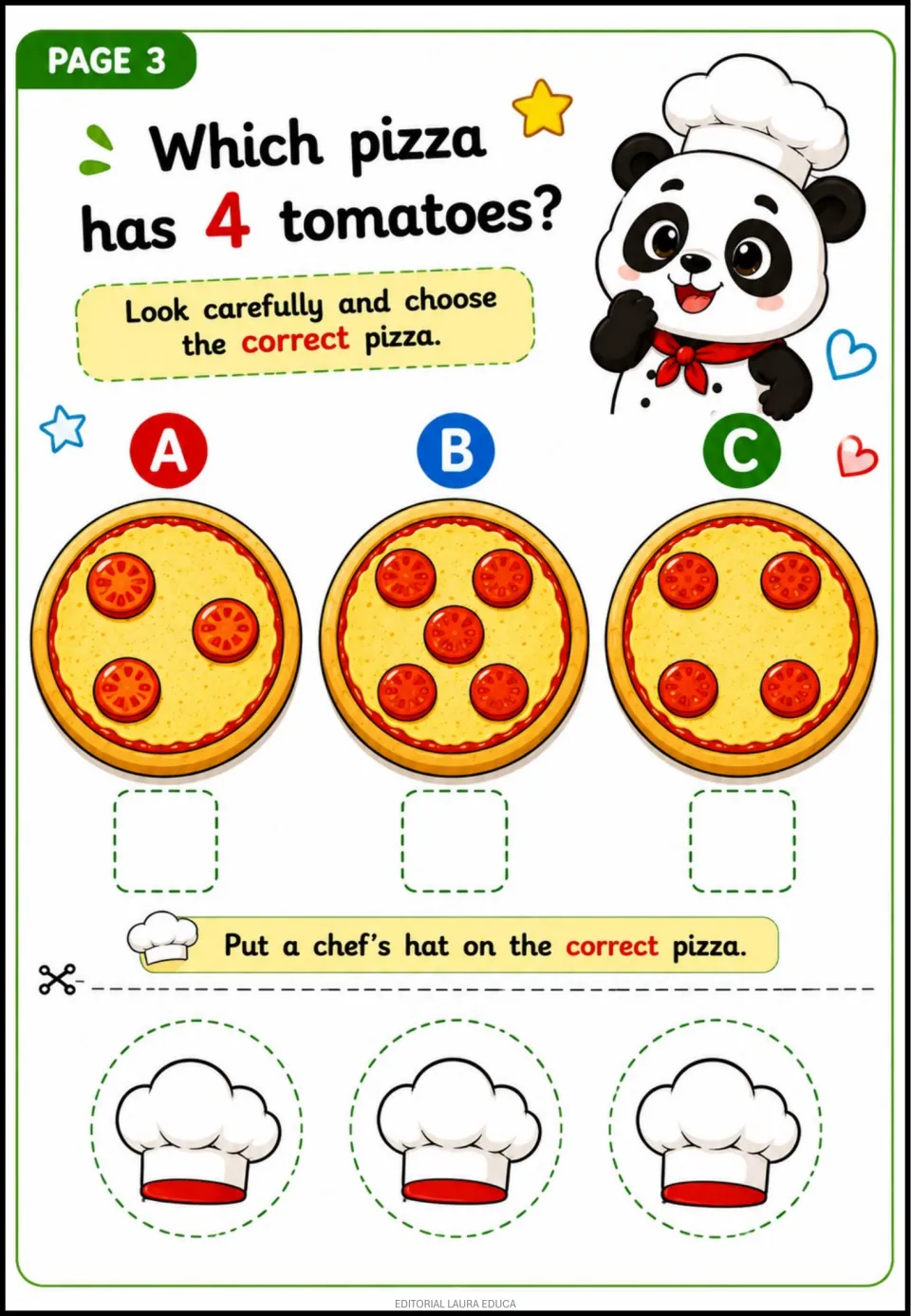 Pizza activity 3: choose the pizza with 4 tomatoes from options A, B, and C, then add a chef's hat.