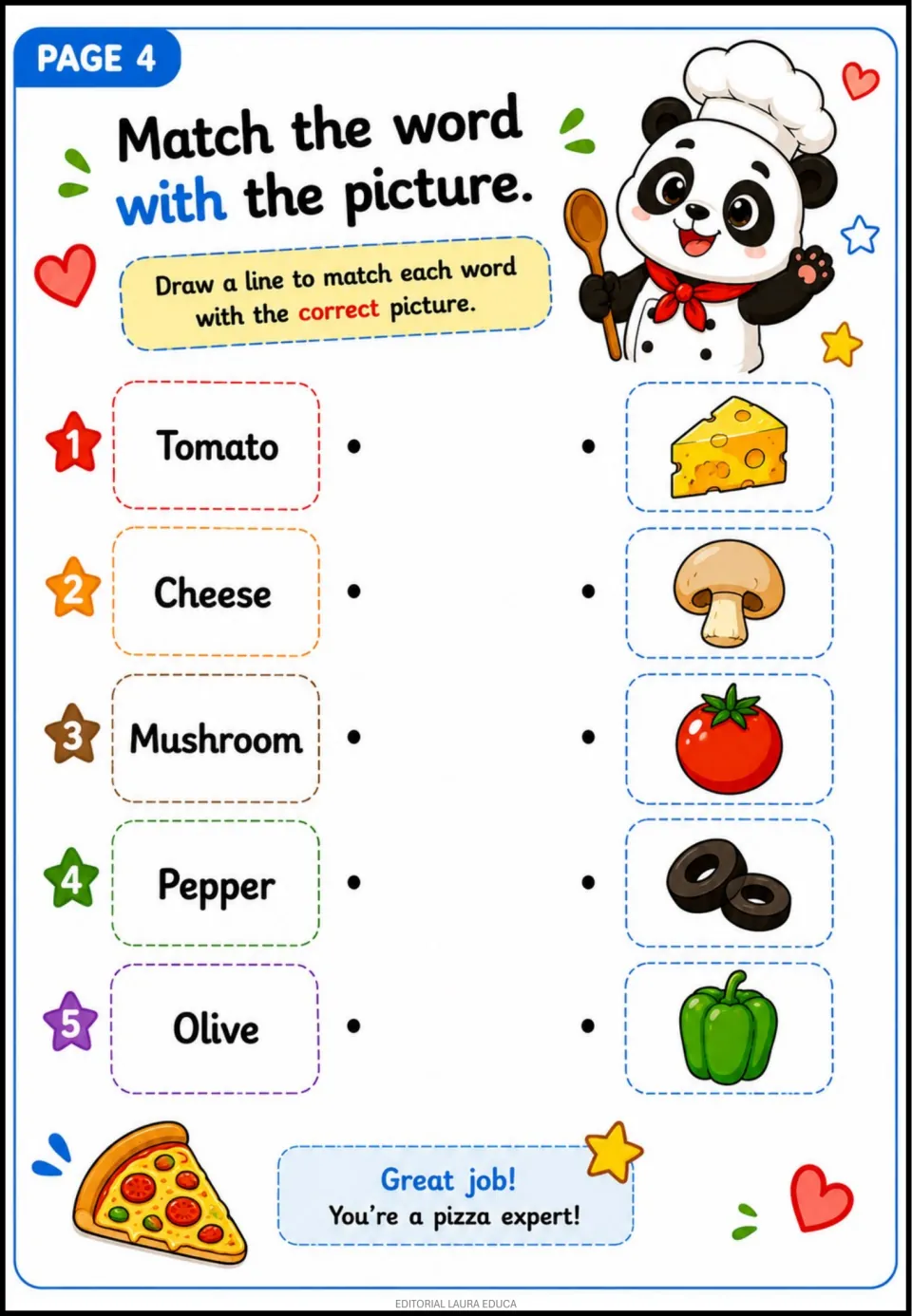 Pizza activity 4: match the words tomato, cheese, mushroom, pepper, and olive to their ingredient pictures.