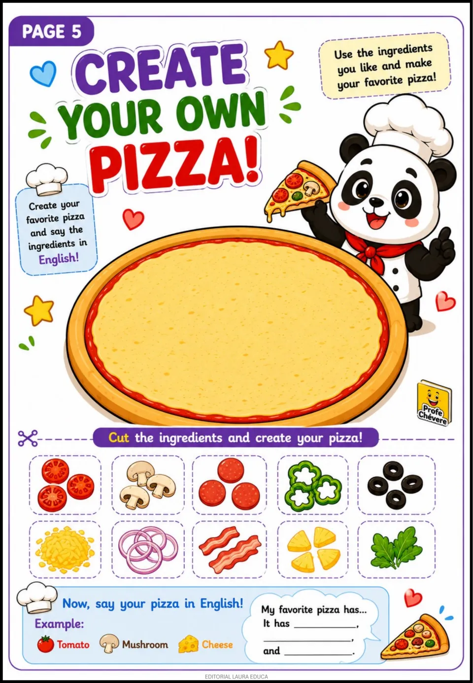 Pizza activity 5: create a favorite pizza using ingredient cutouts and name its ingredients in English.