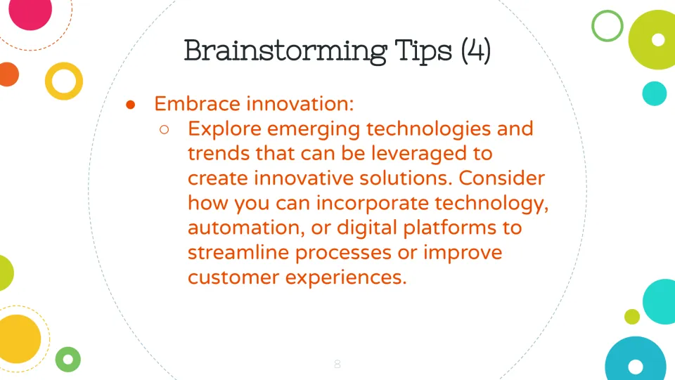 Brainstorming tip 4 slide: embrace innovation through emerging technologies, automation, and digital platforms.