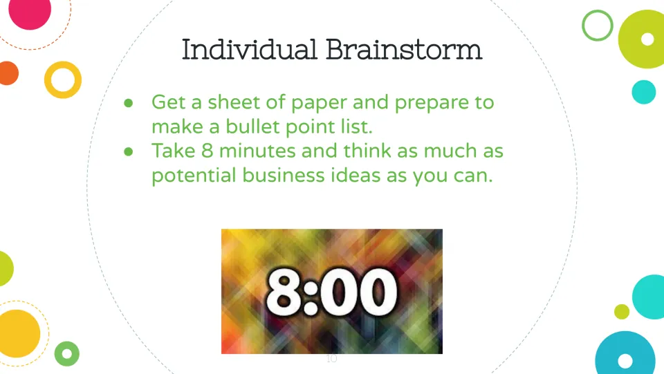 Individual brainstorming task slide directs students to spend eight minutes listing business ideas on paper.