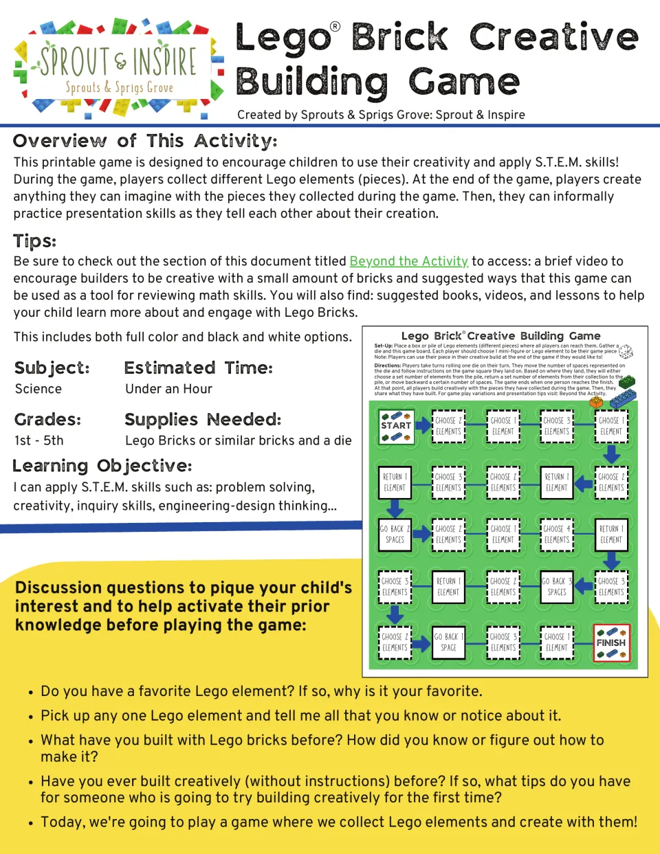Brick-building game overview with supplies, STEM learning objective, and five discussion prompts before play