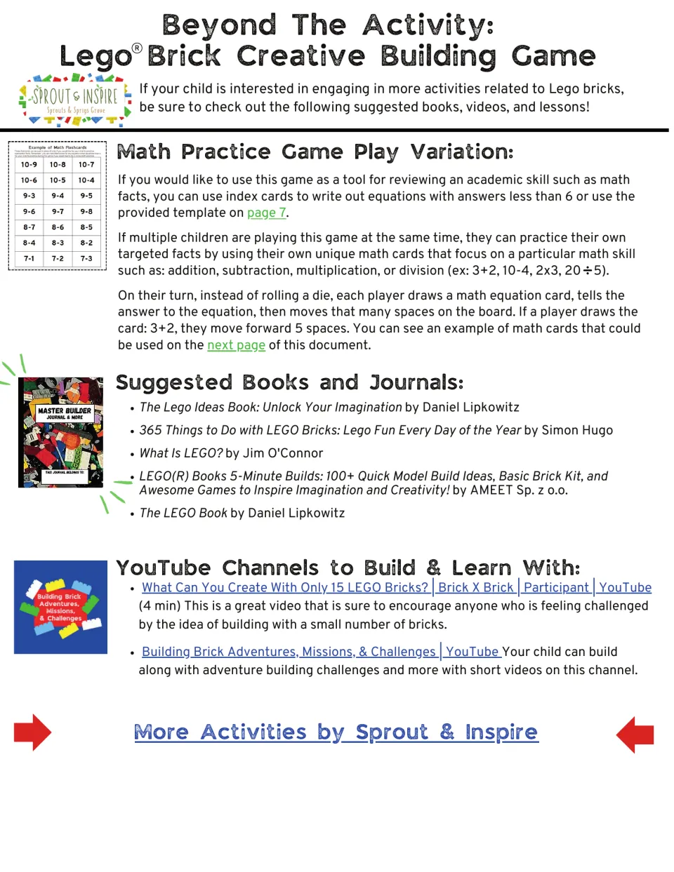Game extension guide explains using math cards instead of a die and lists related books and video resources