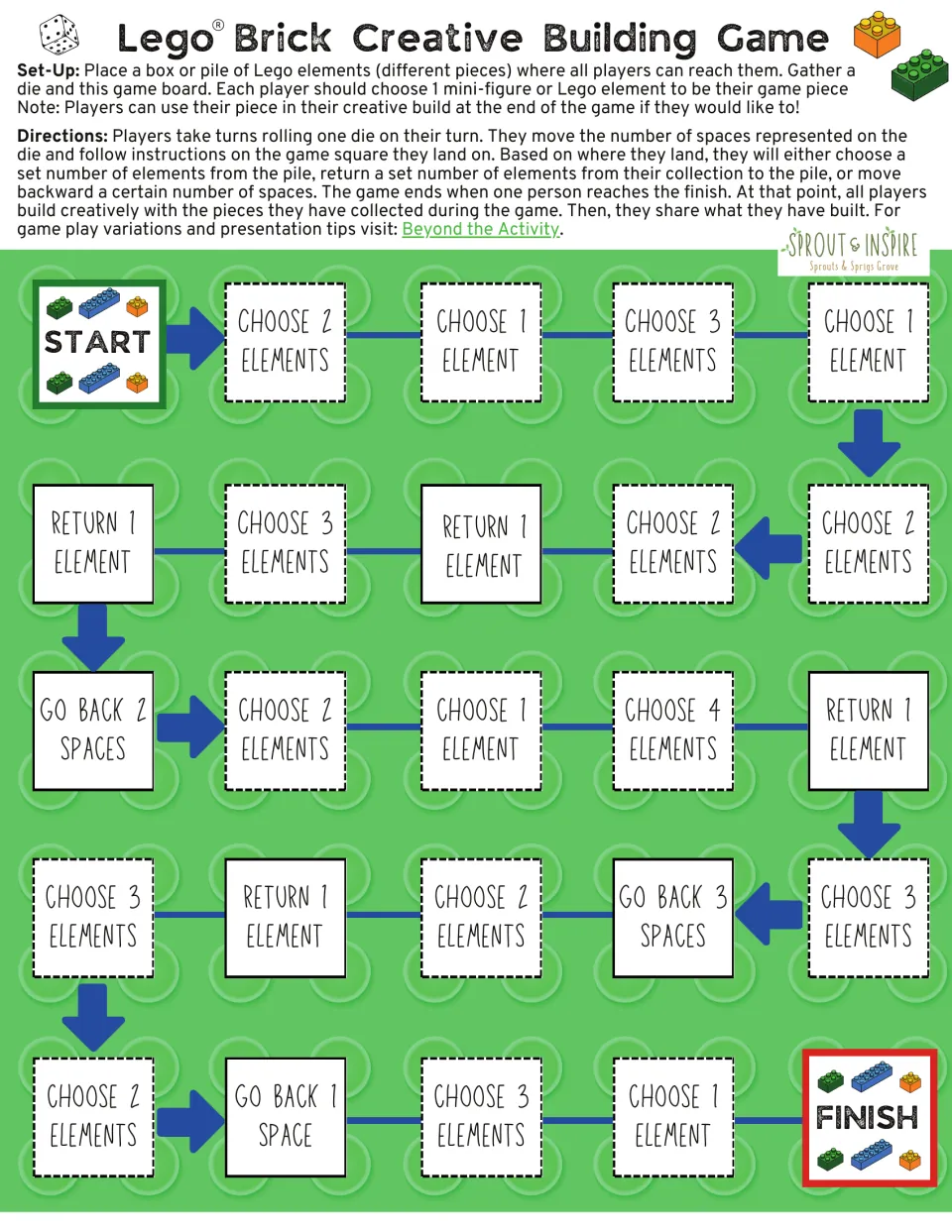 Color brick-building game board with setup, directions, and spaces to choose bricks, return one, or go back