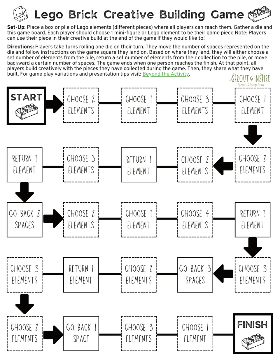 Black-and-white brick-building game board with directions and spaces to collect or return bricks and go back