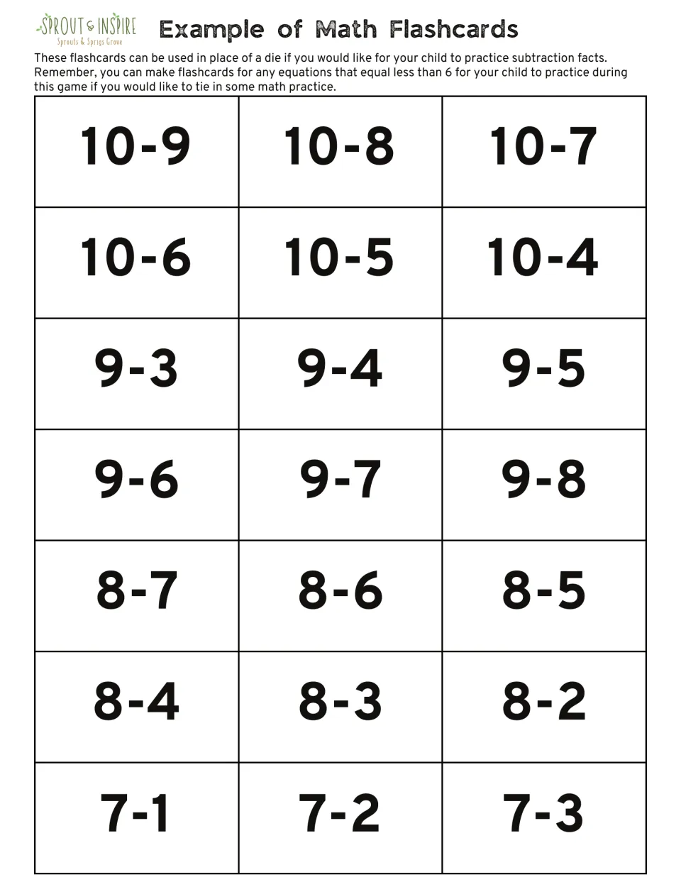 First sheet of 21 subtraction flashcards for game movement, including 10-9, 10-8, 10-7, and facts through 7-3