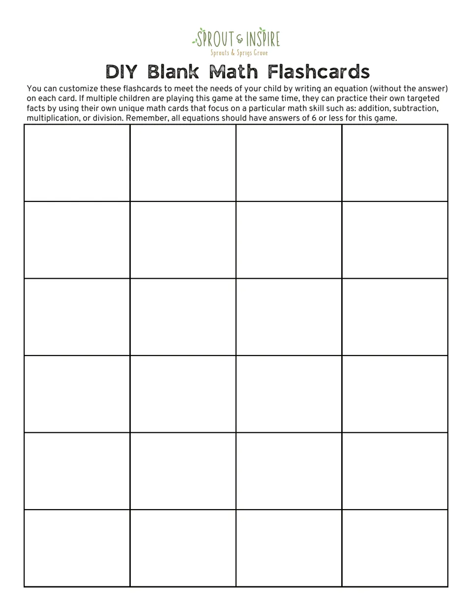 Set of 24 blank math flashcards for customized game play using equations with answers of six or less