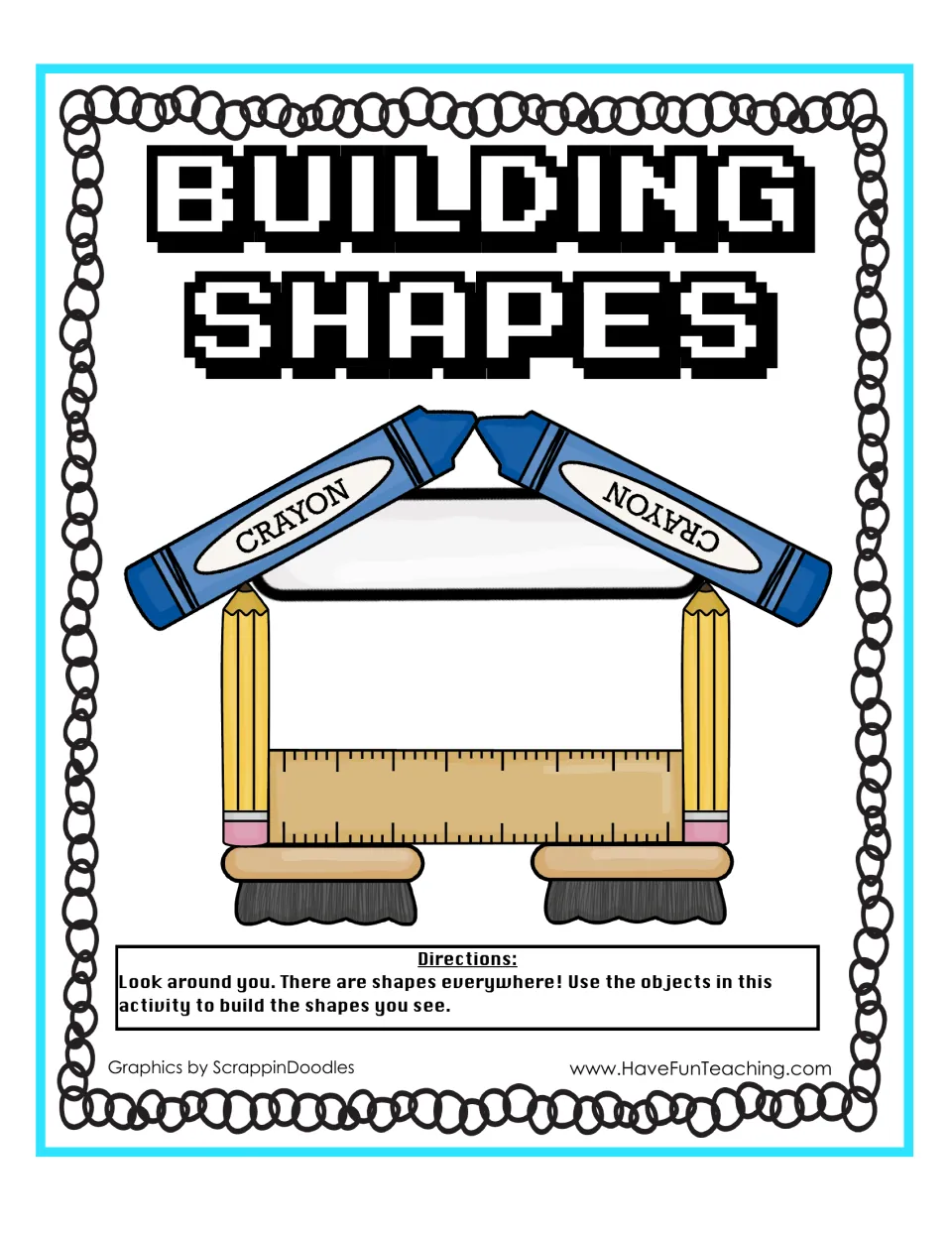 Building Shapes title page: a house built from crayons, pencils, a ruler and brushes, with directions to build shapes