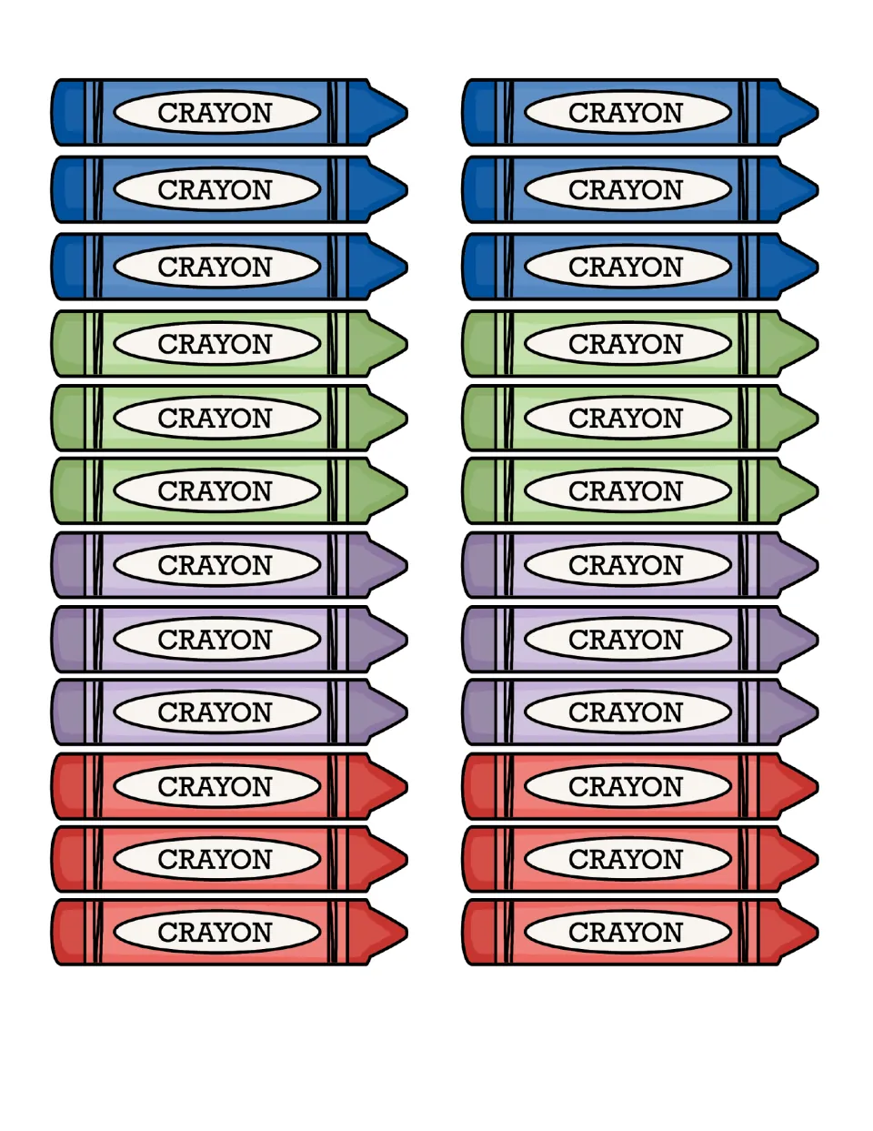 Shape-building pieces: 24 crayon cut-outs in blue, green, purple and red, each labeled CRAYON, used as sides of shapes