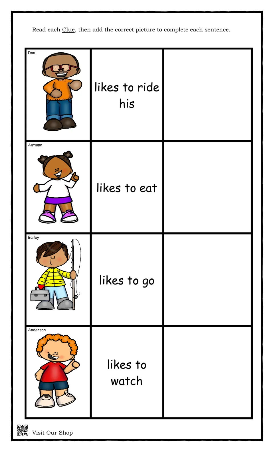 Picture-clue sentences: students add a picture to finish lines like Don likes to ride his and Autumn likes to eat