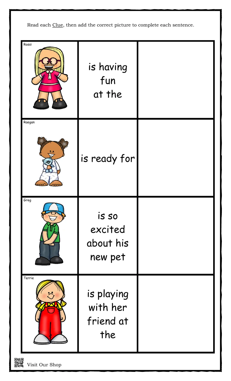 Sentence completion: students add pictures to finish Rossi is having fun at the, Raegan is ready for, Greg's new pet