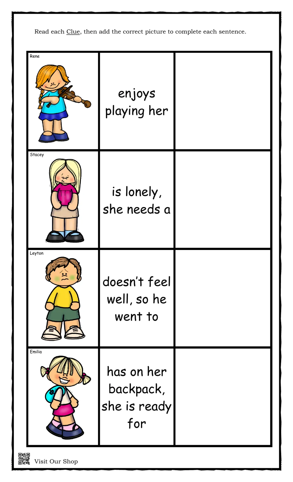 More picture clues: students add pictures to finish Rene enjoys playing her, Stacey is lonely, Leyton doesn't feel well