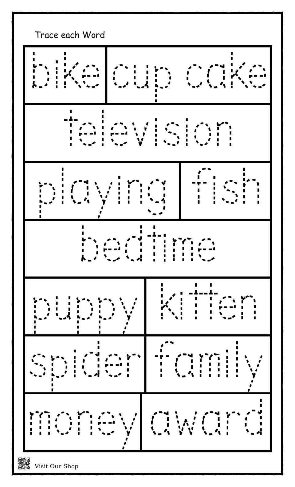 Trace each Word: vocabulary for handwriting practice, including bike, cup cake, television, puppy, spider and award