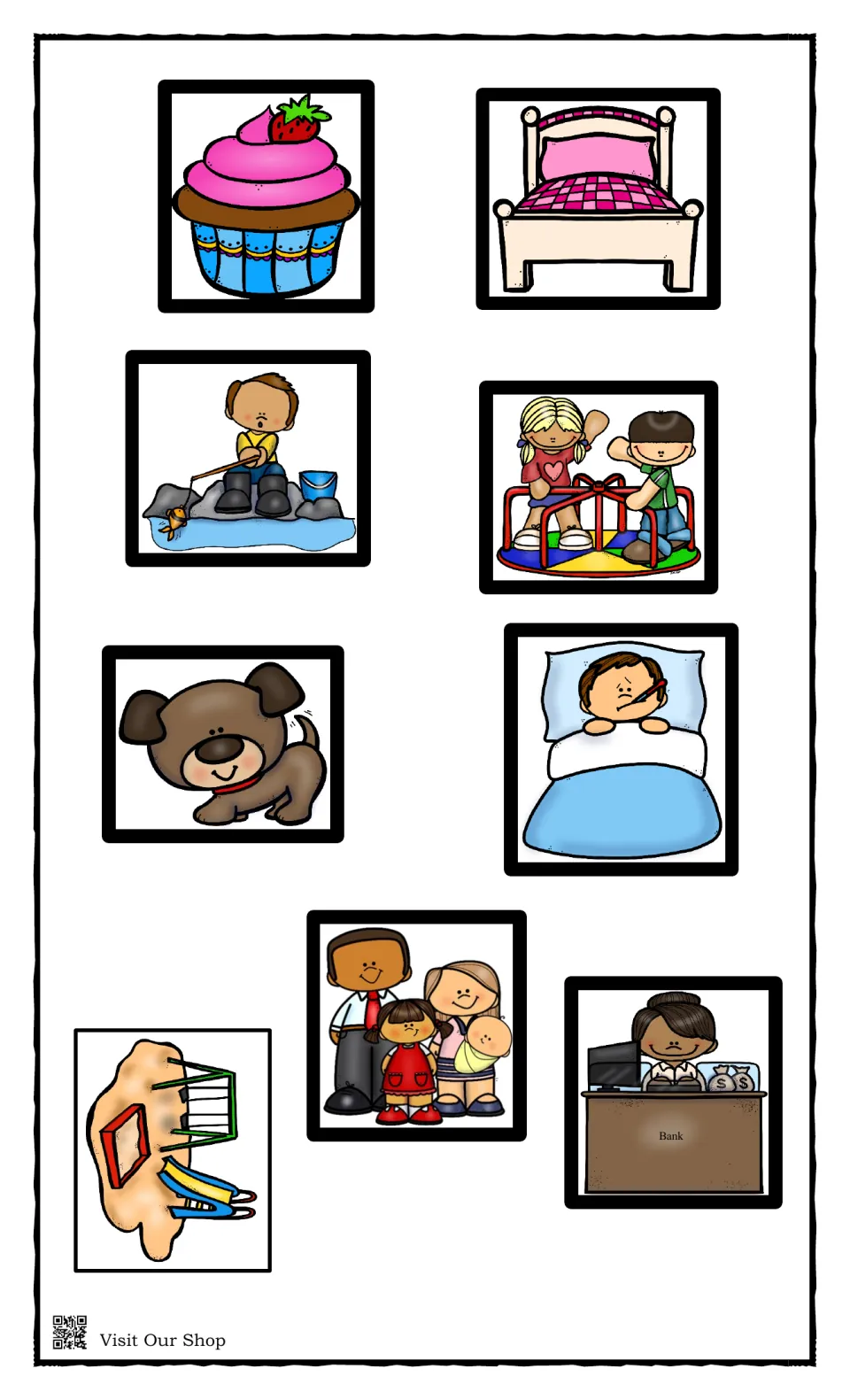 Picture answer cards to cut out: cupcake, bed, boy fishing, playground, puppy, sick boy in bed, family, bank teller